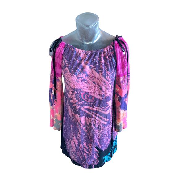 CUSTO Barcelona Flare Sleeve Tunic Top Colorful Bird Print Size  4 Large / L - Picture 3 of 9